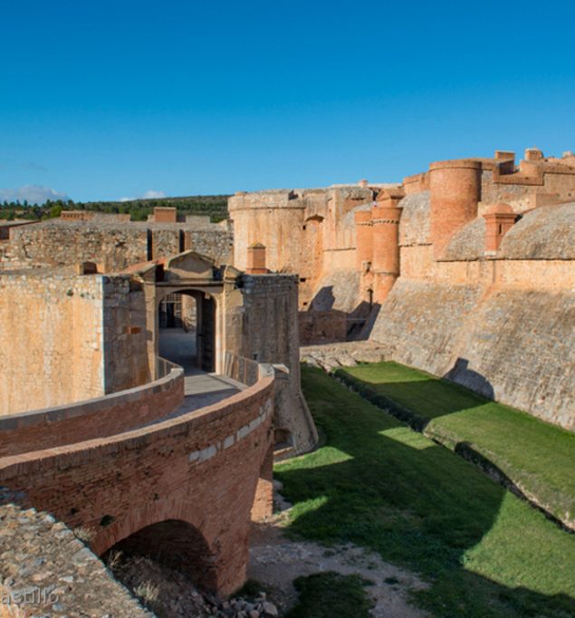 Galerie de tir voûtée à l'intérieur du château ou vue depuis le sommet du donjon sur les étangs de Leucate.